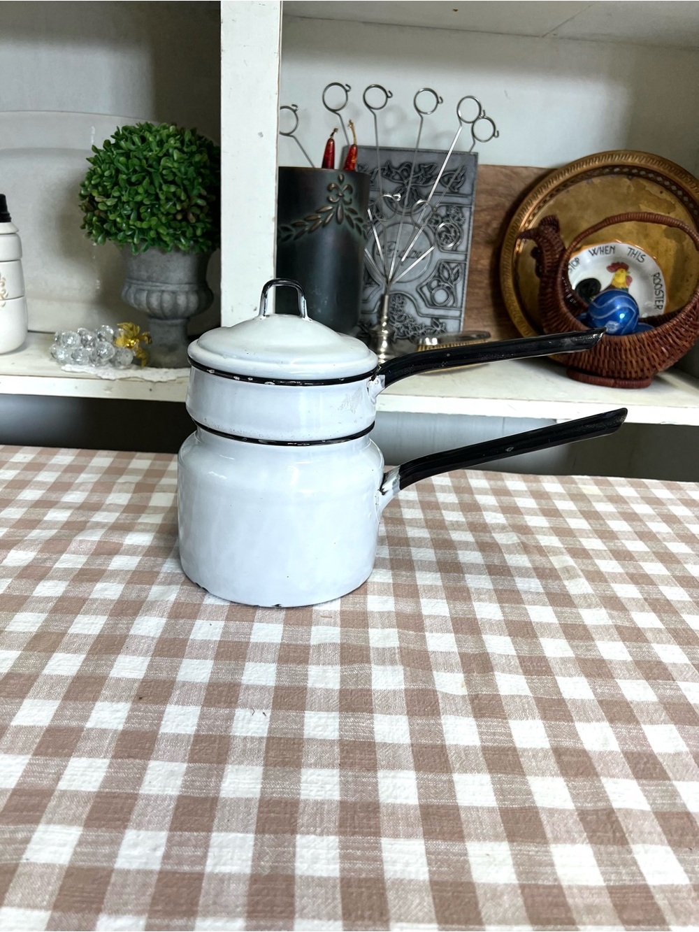 Vintage black white enamel double boiler pan decor cookware grandma core